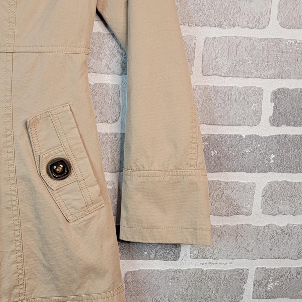 Form Fitting Mid Length Shorter Faux Double Brested Trench Coat Women's Unsized - Picture 4 of 14